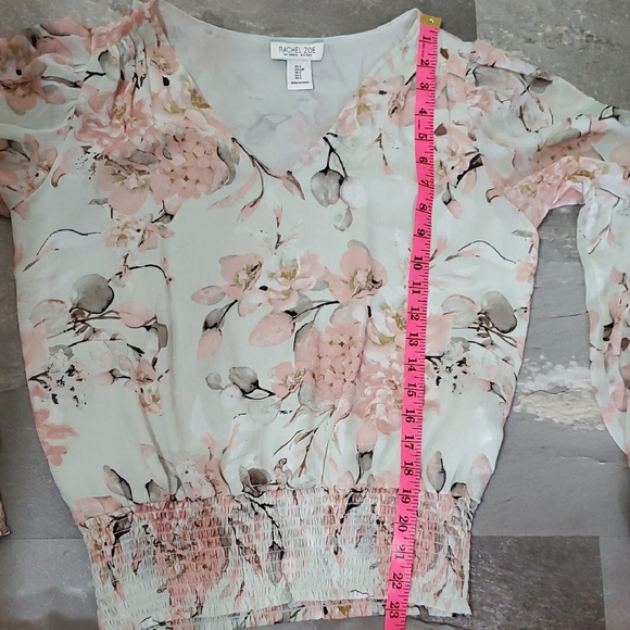 Rachel Zoe Flowy Sheer Floral Long Sleeves Blouse. Green, Pink. Smocked Hem. S. - Picture 9 of 12